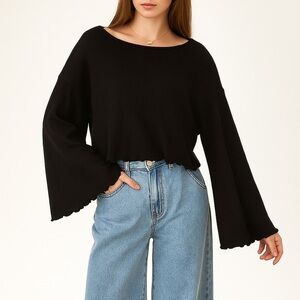 Project Social T Black Bell Sleeve Sweater XS Oversized Lettuce Trim Whimsigoth